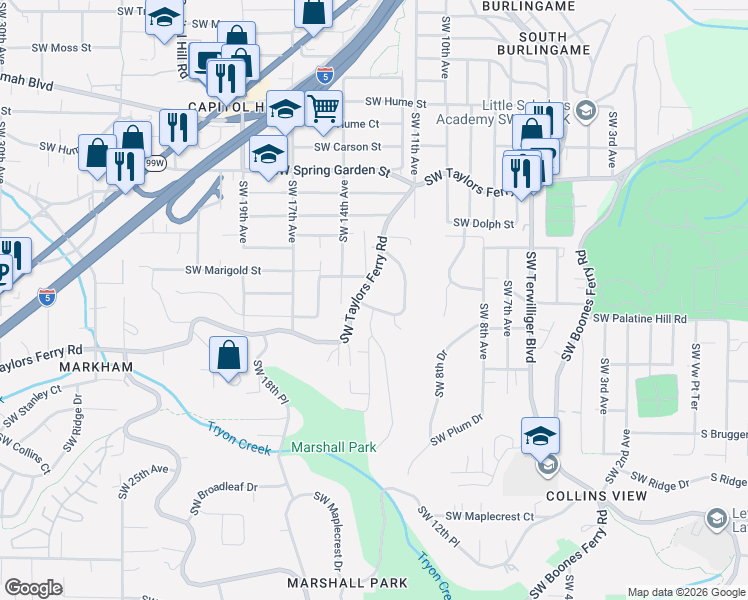 map of restaurants, bars, coffee shops, grocery stores, and more near 1378 Southwest Taylors Ferry Court in Portland