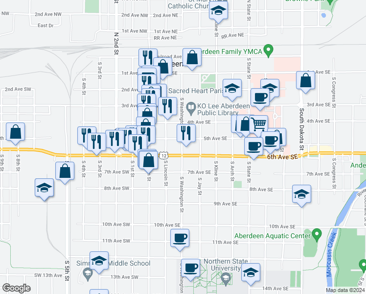 map of restaurants, bars, coffee shops, grocery stores, and more near 120 6th Avenue Southeast in Aberdeen
