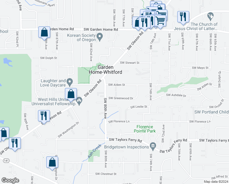 map of restaurants, bars, coffee shops, grocery stores, and more near 7817 Southwest Greenwood Drive in Portland