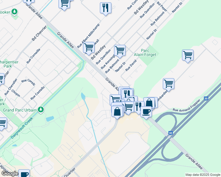 map of restaurants, bars, coffee shops, grocery stores, and more near 7270 Rue du Chardonneret in Brossard