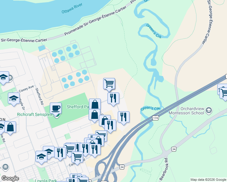 map of restaurants, bars, coffee shops, grocery stores, and more near 5450 Canotek Road in Ottawa