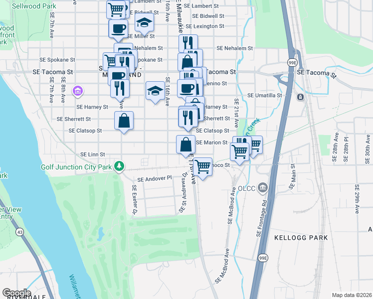 map of restaurants, bars, coffee shops, grocery stores, and more near 1687 Southeast Linn Street in Portland