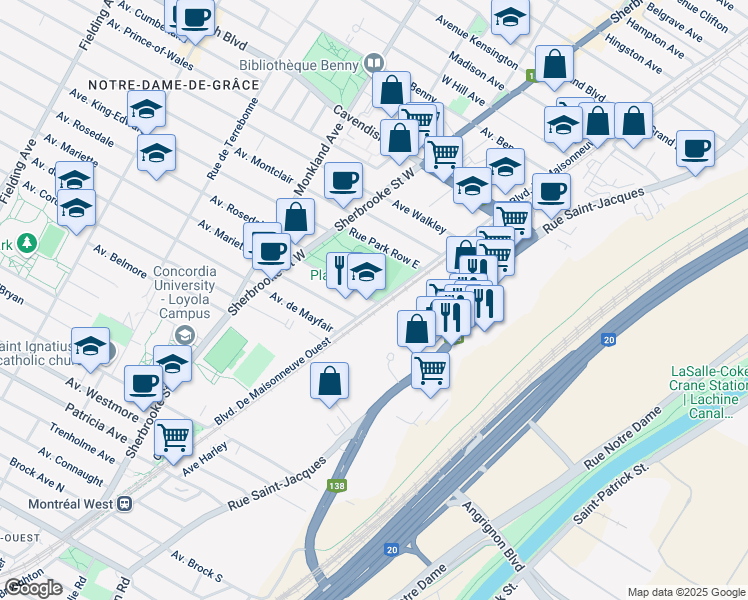 map of restaurants, bars, coffee shops, grocery stores, and more near 2427 Rue Park Row Ouest in Montreal