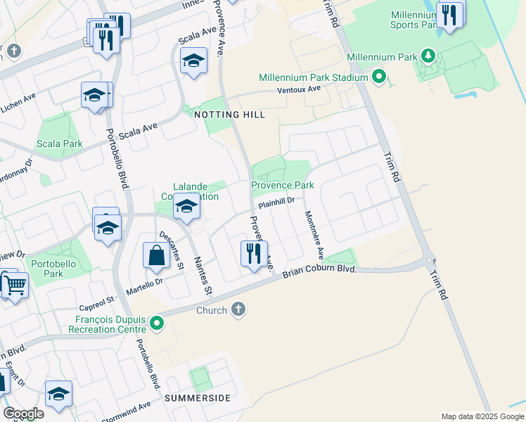 map of restaurants, bars, coffee shops, grocery stores, and more near 2147 Provence Avenue in Ottawa