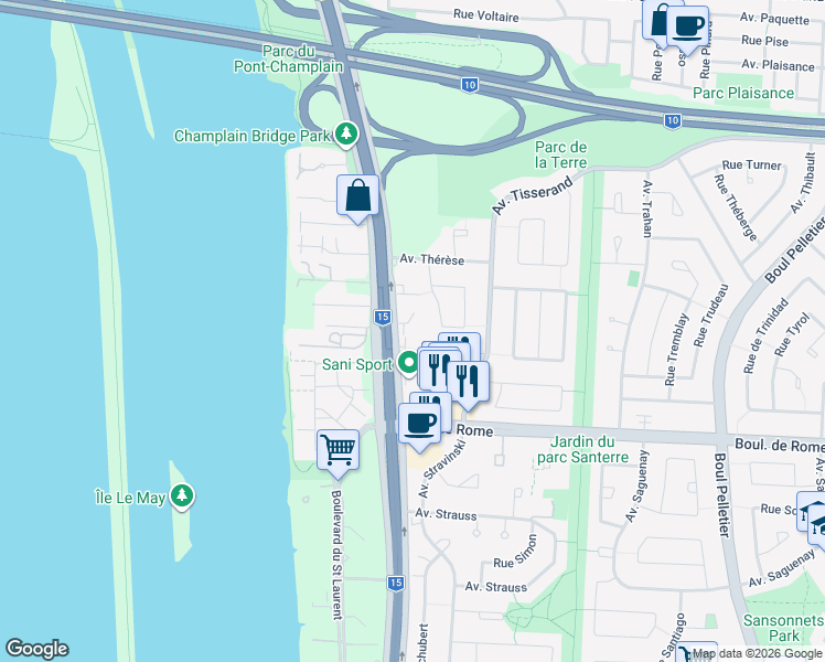 map of restaurants, bars, coffee shops, grocery stores, and more near 345 Place Trianon in Brossard