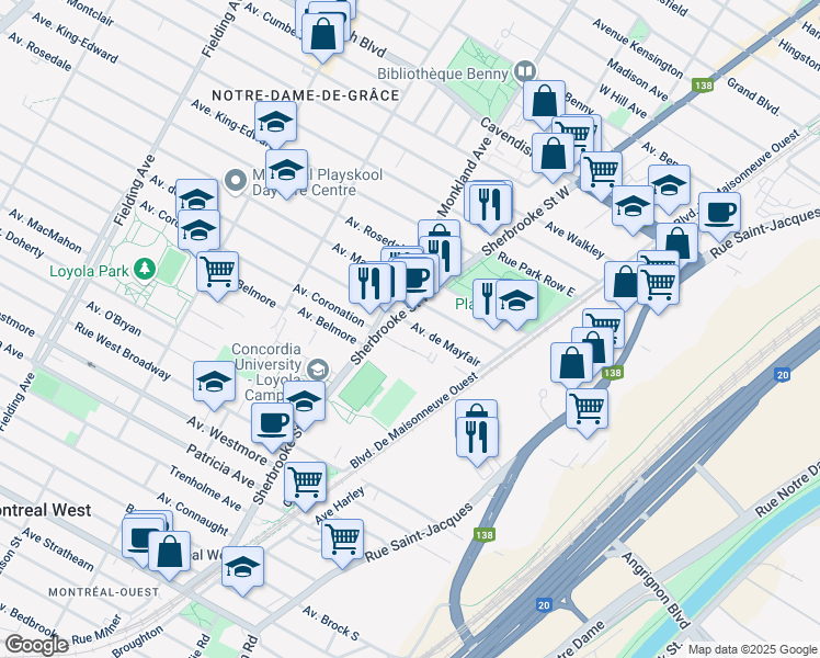 map of restaurants, bars, coffee shops, grocery stores, and more near 2550 Avenue de Mayfair in Montréal