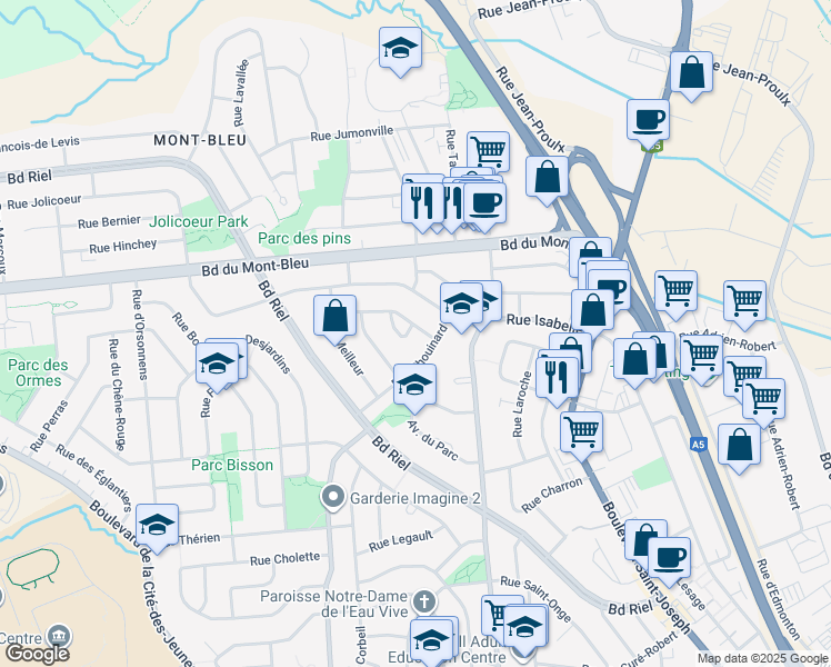 map of restaurants, bars, coffee shops, grocery stores, and more near 3 Rue Lanctôt in Gatineau