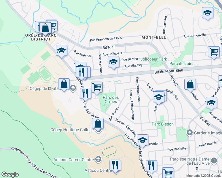 map of restaurants, bars, coffee shops, grocery stores, and more near 133 Place des Sorbiers in Gatineau