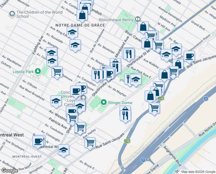 map of restaurants, bars, coffee shops, grocery stores, and more near 2550 Avenue de Mayfair in Montréal