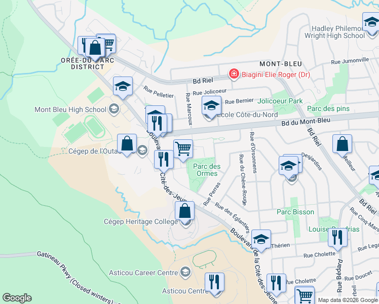 map of restaurants, bars, coffee shops, grocery stores, and more near 200 Place des Sorbiers in Gatineau