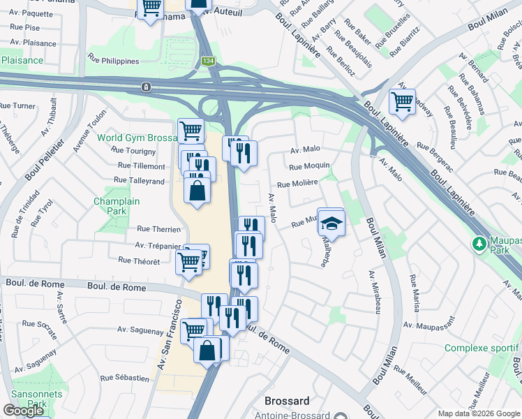 map of restaurants, bars, coffee shops, grocery stores, and more near 7405 Boulevard Taschereau in Brossard