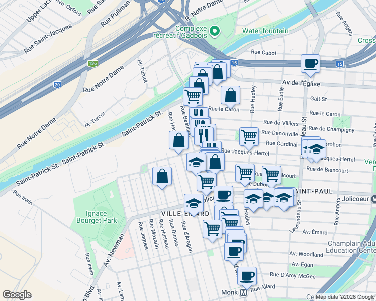 map of restaurants, bars, coffee shops, grocery stores, and more near 2525 Rue Jacques-Hertel in Montréal