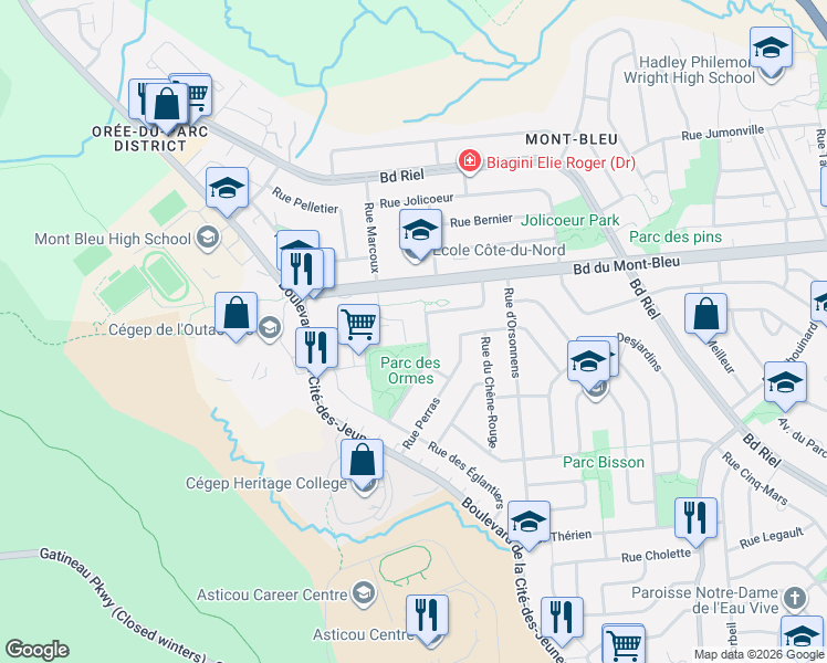 map of restaurants, bars, coffee shops, grocery stores, and more near 133 Place des Sorbiers in Gatineau
