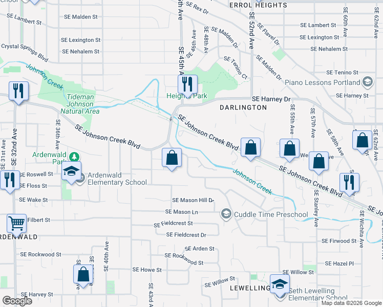 map of restaurants, bars, coffee shops, grocery stores, and more near 4647 Southeast Brookside Drive in Portland