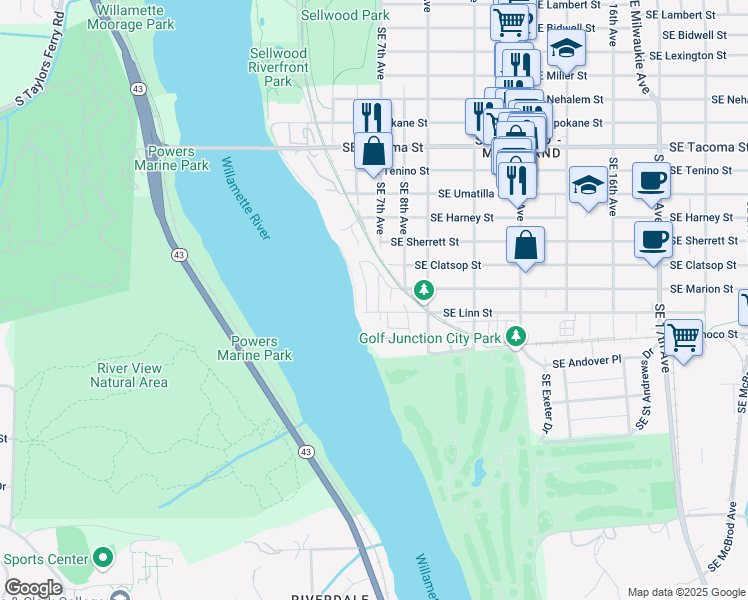 map of restaurants, bars, coffee shops, grocery stores, and more near 620 Southeast Linn Street in Portland