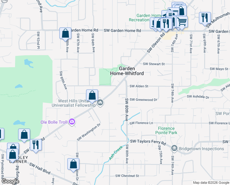 map of restaurants, bars, coffee shops, grocery stores, and more near 8397 Southwest 80th Avenue in Portland