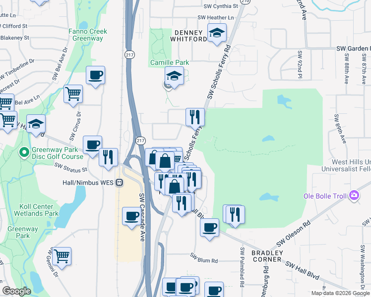 map of restaurants, bars, coffee shops, grocery stores, and more near 8480 Oregon 210 in Beaverton