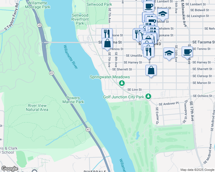 map of restaurants, bars, coffee shops, grocery stores, and more near 620 Southeast Linn Street in Portland