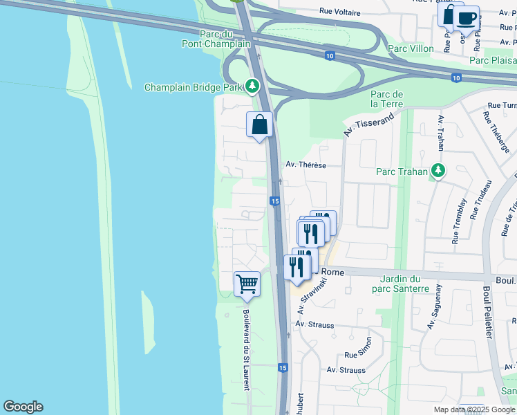map of restaurants, bars, coffee shops, grocery stores, and more near 7620 Boulevard Marie-Victorin in Brossard