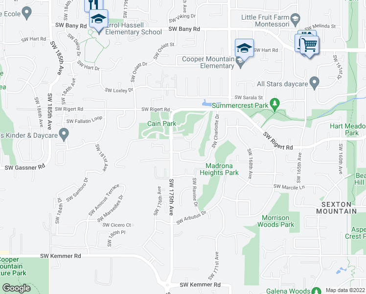 map of restaurants, bars, coffee shops, grocery stores, and more near 17415 Southwest Constance Street in Beaverton