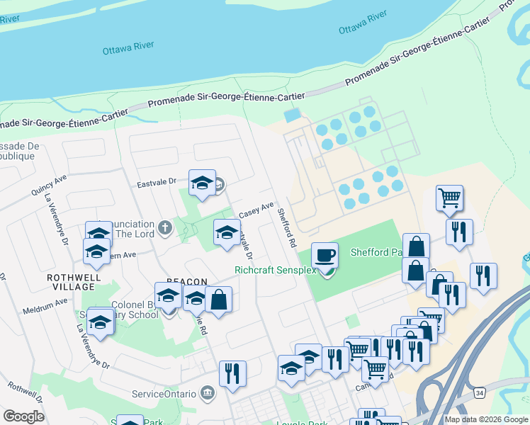 map of restaurants, bars, coffee shops, grocery stores, and more near 2191 Bickerton Avenue in Ottawa
