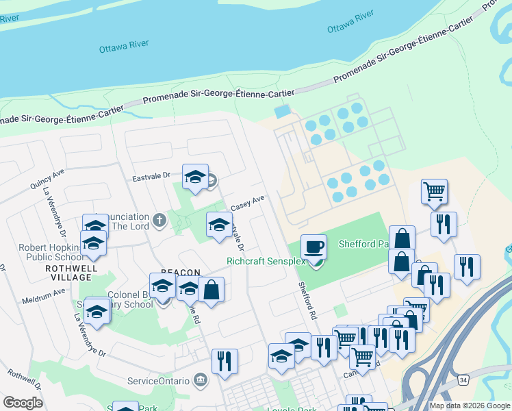 map of restaurants, bars, coffee shops, grocery stores, and more near 2185 Bickerton Avenue in Ottawa