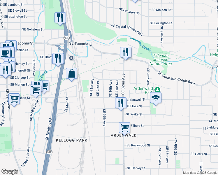 map of restaurants, bars, coffee shops, grocery stores, and more near 2912 Southeast Van Waters Street in Milwaukie