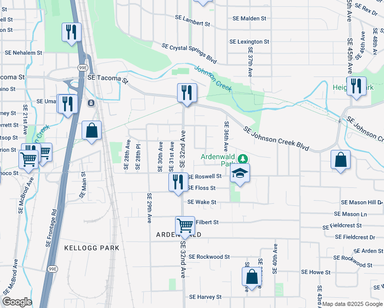 map of restaurants, bars, coffee shops, grocery stores, and more near 8600 Southeast 32nd Avenue in Milwaukie