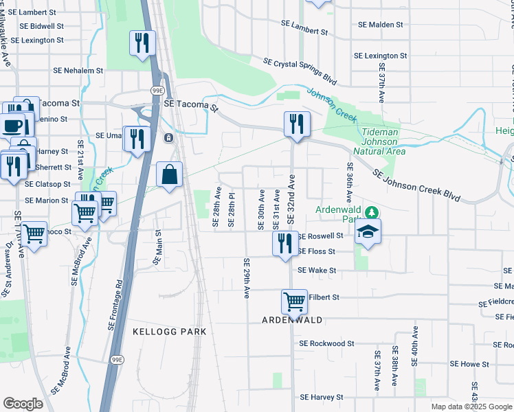 map of restaurants, bars, coffee shops, grocery stores, and more near 2912 Southeast Van Waters Street in Milwaukie