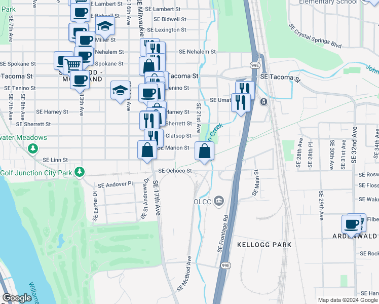 map of restaurants, bars, coffee shops, grocery stores, and more near 1920 Southeast Clatsop Street in Portland
