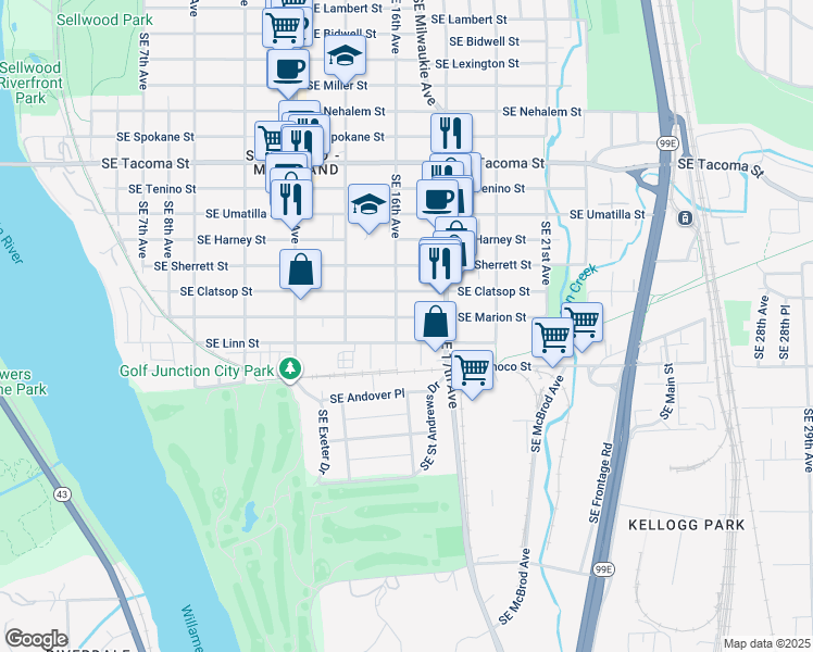 map of restaurants, bars, coffee shops, grocery stores, and more near 8602 Southeast 16th Avenue in Portland