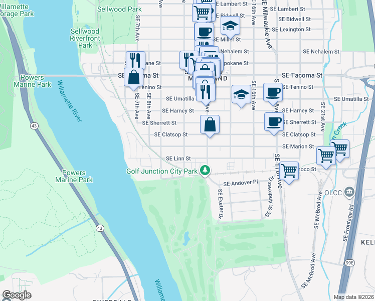 map of restaurants, bars, coffee shops, grocery stores, and more near 8615 Southeast 11th Avenue in Portland