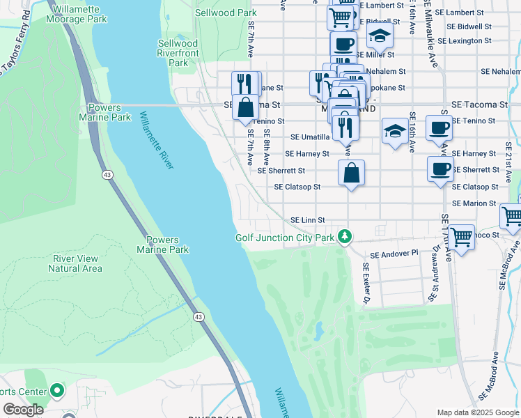 map of restaurants, bars, coffee shops, grocery stores, and more near 8611-8613 Southeast 8th Avenue in Portland