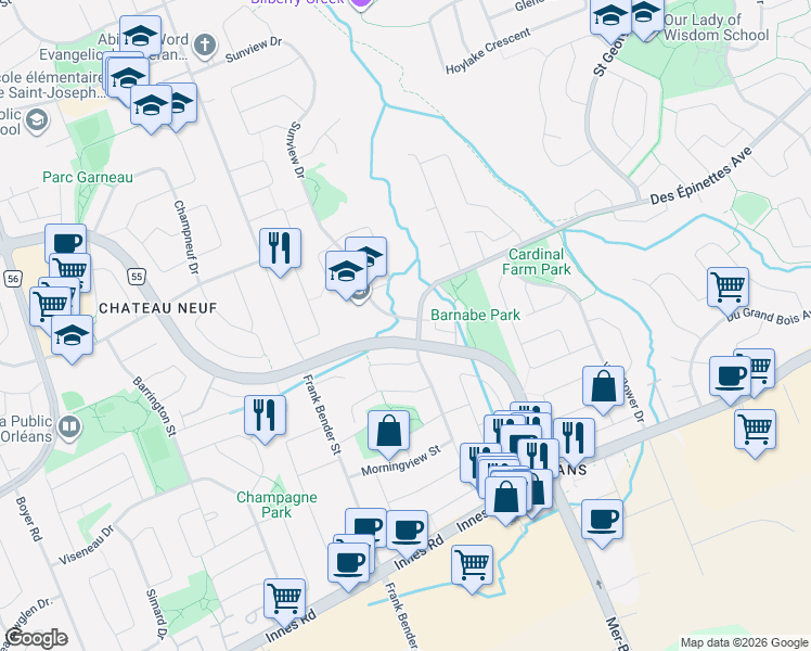 map of restaurants, bars, coffee shops, grocery stores, and more near 1770 Sunview Drive in Ottawa
