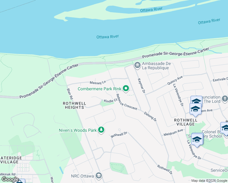map of restaurants, bars, coffee shops, grocery stores, and more near 66 Rebecca Crescent in Ottawa
