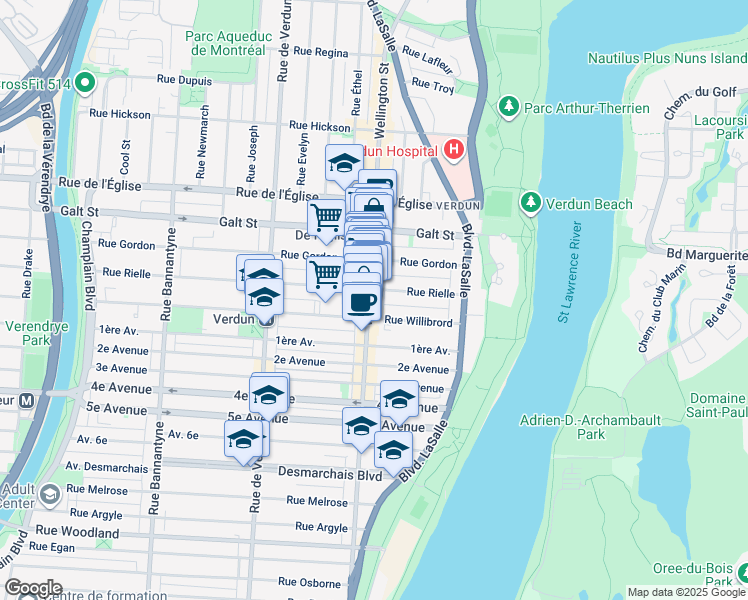 map of restaurants, bars, coffee shops, grocery stores, and more near 4420 Rue Wellington in Montréal
