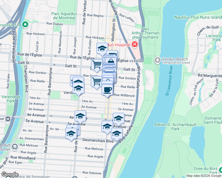 map of restaurants, bars, coffee shops, grocery stores, and more near 4420 Rue Wellington in Montréal