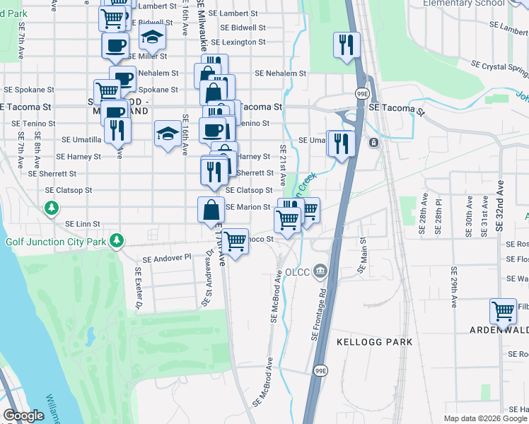 map of restaurants, bars, coffee shops, grocery stores, and more near 1920 Southeast Clatsop Street in Portland