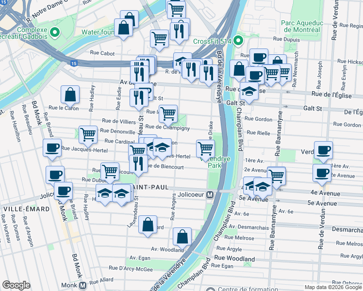 map of restaurants, bars, coffee shops, grocery stores, and more near 1570 Rue Leprohon in Montréal
