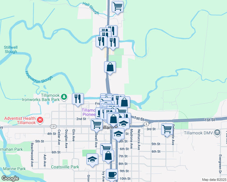 map of restaurants, bars, coffee shops, grocery stores, and more near 405 Main Avenue in Tillamook