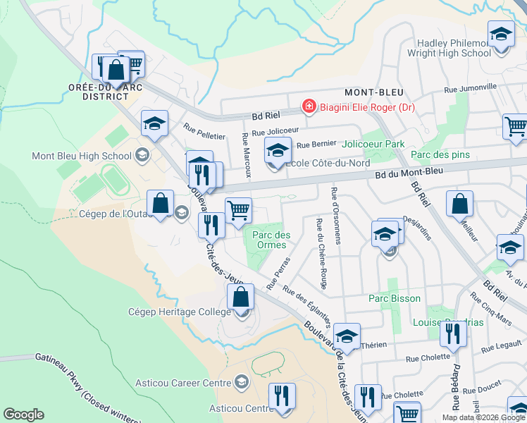 map of restaurants, bars, coffee shops, grocery stores, and more near 112 Place des Sorbiers in Gatineau