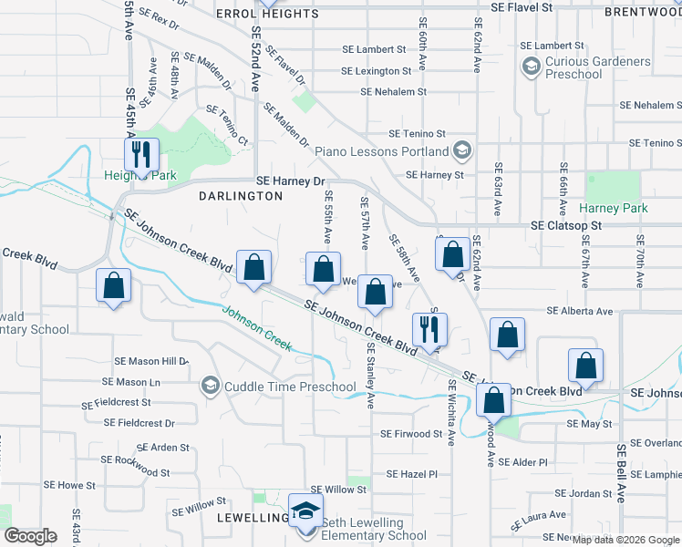 map of restaurants, bars, coffee shops, grocery stores, and more near 8583 Southeast 57th Avenue in Portland