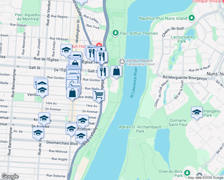 map of restaurants, bars, coffee shops, grocery stores, and more near 40 Allée des Brises du Fleuve in Montréal