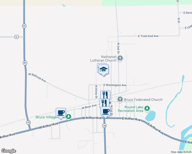 map of restaurants, bars, coffee shops, grocery stores, and more near 1118 North Alvey Street in Bruce
