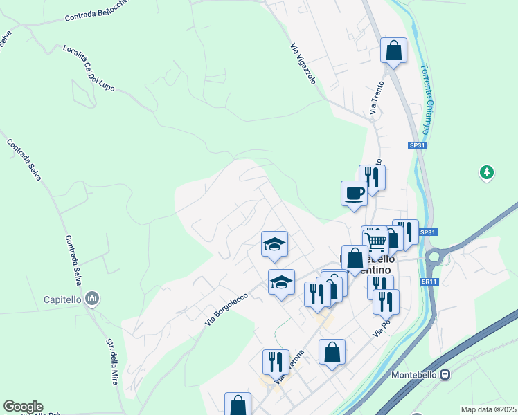 map of restaurants, bars, coffee shops, grocery stores, and more near 47 Via Manzoni in Montebello Vicentino