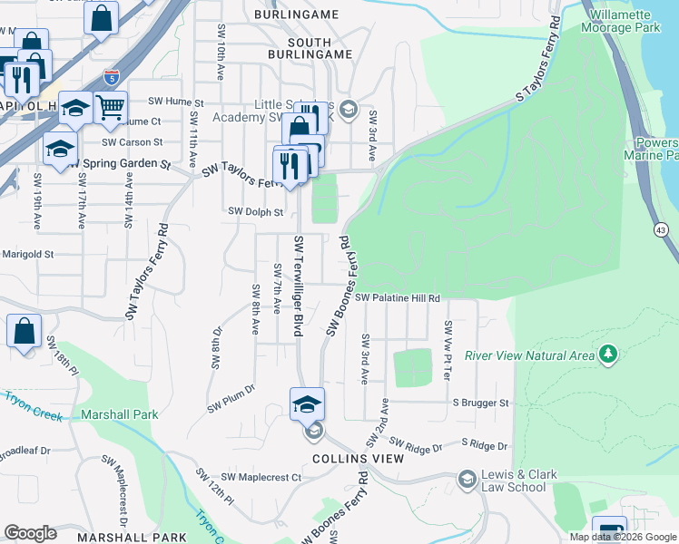 map of restaurants, bars, coffee shops, grocery stores, and more near 8930 Southwest 5th Avenue in Portland
