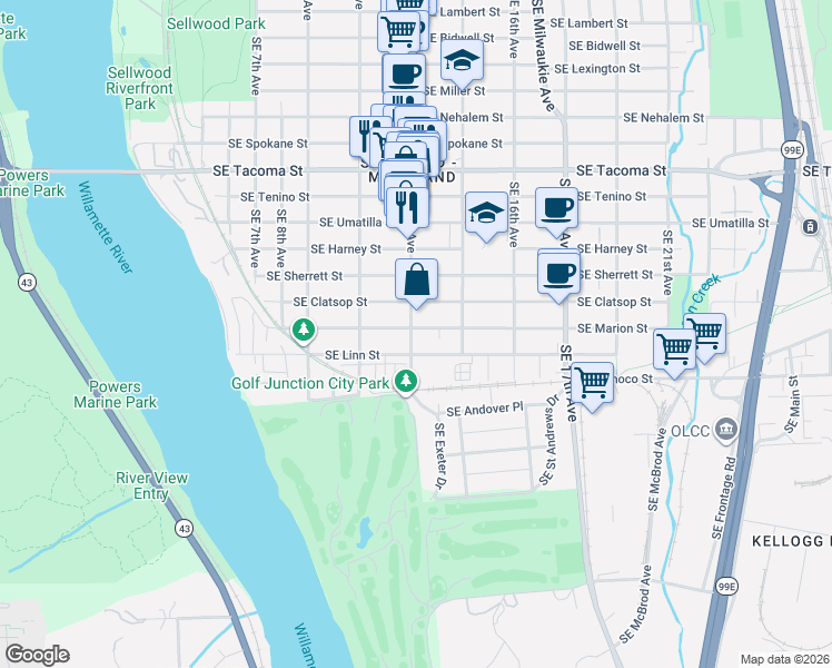 map of restaurants, bars, coffee shops, grocery stores, and more near 1302 Southeast Marion Street in Portland