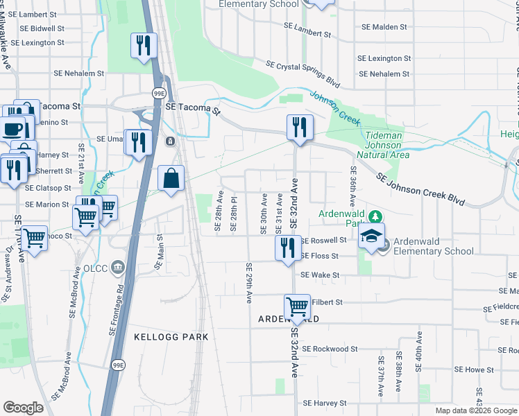 map of restaurants, bars, coffee shops, grocery stores, and more near 2912 Southeast Van Waters Street in Milwaukie