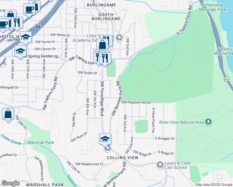 map of restaurants, bars, coffee shops, grocery stores, and more near 8930 Southwest 5th Avenue in Portland