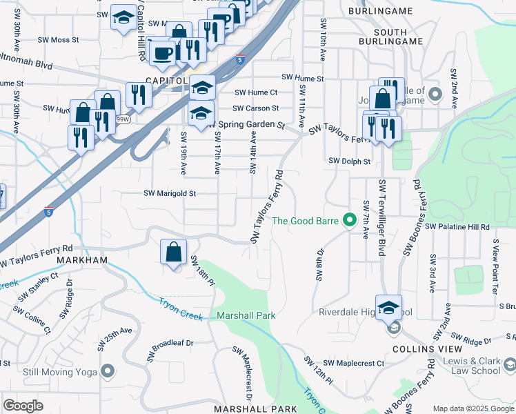 map of restaurants, bars, coffee shops, grocery stores, and more near 8941 Southwest 13th Avenue in Portland